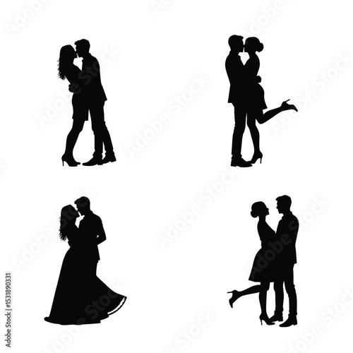 Romantic couple silhouettes kissing embracing love