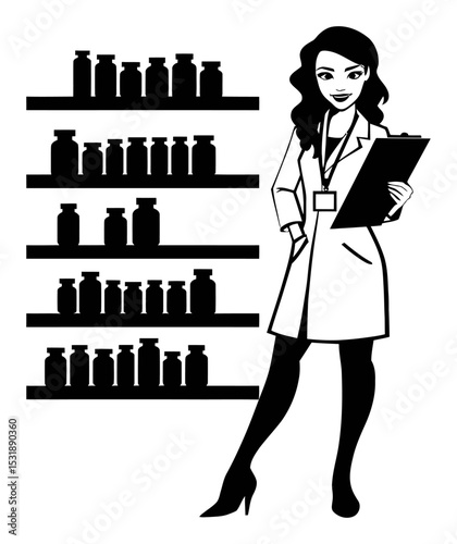 Professional Female Pharmacist Standing in Front of Medicine Shelves