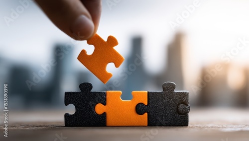 Hand placing orange puzzle piece on black