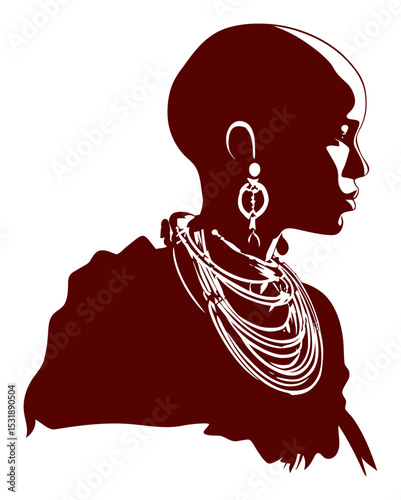 Profile of Elegant African Woman with Jewelry in Silhouette Style