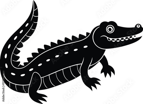 Stylized black and white cartoon illustration of an alligator or crocodile