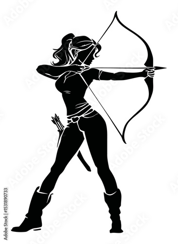 Elegant Archer Girl with Bow Ready for Action in Bold Silhouette Style