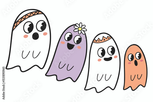 Cute Cartoon Ghosts with Accessories for Halloween Illustration or Graphic Design
