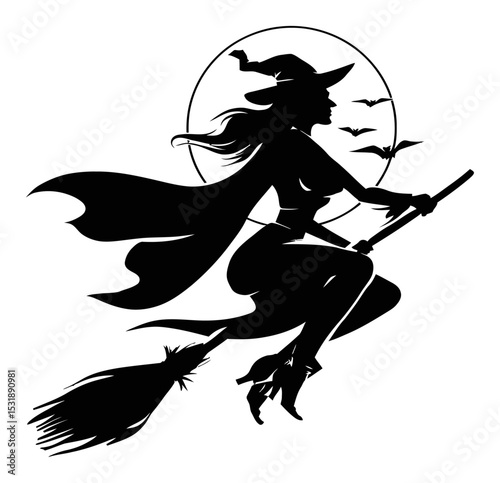 Elegant Witch Silhouette Flying on Broomstick with Moon and Bats