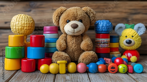 Adorable teddy bear with colorful wooden and knitted toys