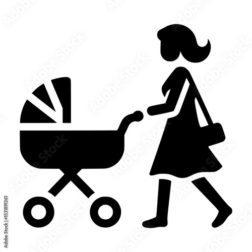 Mother walking with baby stroller icon