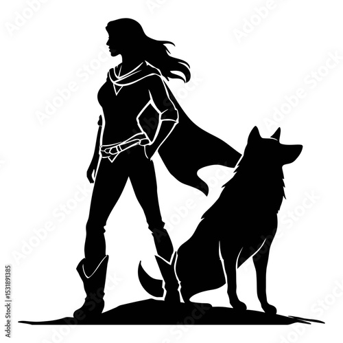 Female Superhero Silhouette with Loyal Dog Companion in a Vector Design