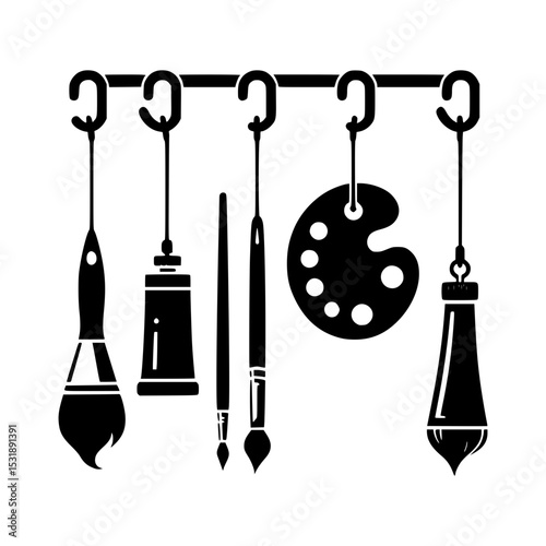Hanging artist supplies brushes paint palette