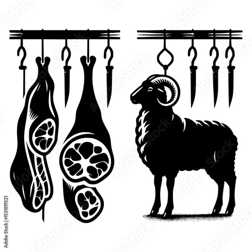 Butcher shop hanging meat and ram silhouette