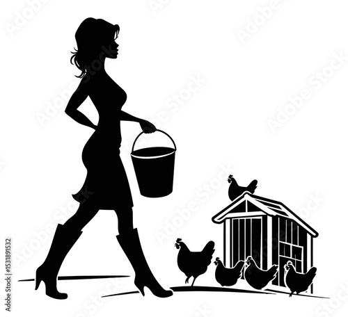 Silhouette of Woman Carrying Bucket Near Chickens and Coop in Vector Art