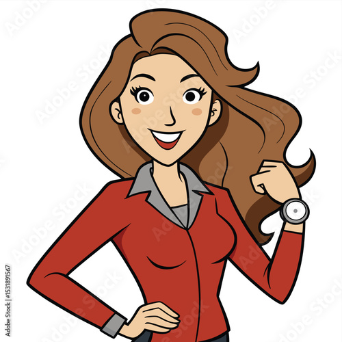 Beautiful professional woman with long flowing hair, smiling confidently, radiating success and grace in her elegant office attire.