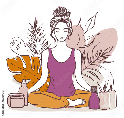 Serene Woman Meditating Among Leaves and Wellness Products