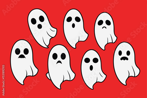 Cartoon Ghosts with Different Expressions on Red Background for Halloween