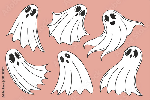 Cute Cartoon Ghosts on Pink Background for Halloween Illustration Set