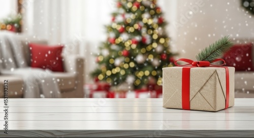Christmas gift box with red ribbon on white wooden table blurred Christmas tree and living room background photo