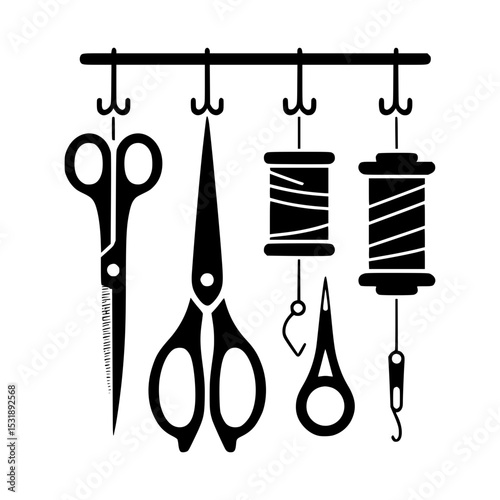Sewing tools hanging on rack icon