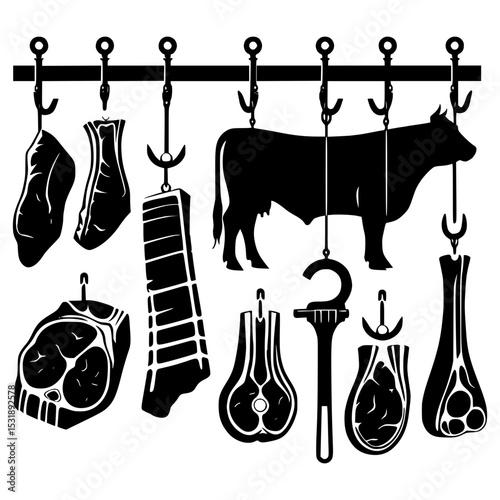 Butcher shop meat cuts hanging illustration