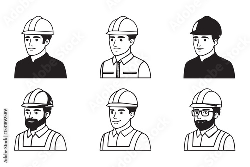 Builder icons set. Avatar with hard helmet and jacket set construction worker icon design Construction worker, engineer, labour, male worker and employee in a helmet Suitable for Infographics,Web Page