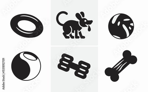 Collection of black and white illustrated icons depicting playful dog toys and accessories for pet care