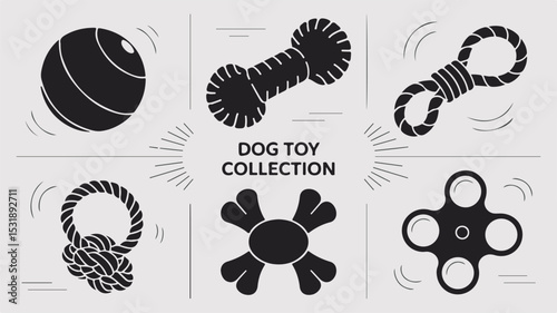 A monochromatic vector illustration showcasing various classic dog toys for playtime and entertainment purposes