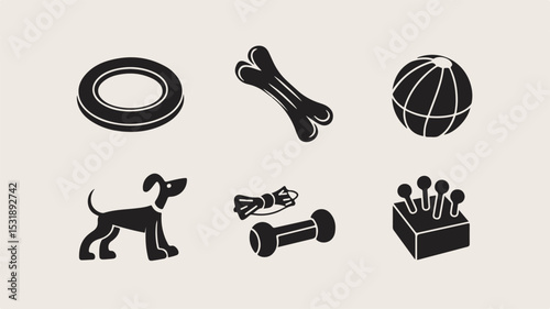 Collection of simple illustrated pet dog accessories including dog toy bone ball frisbee dumbbell and other supplies.