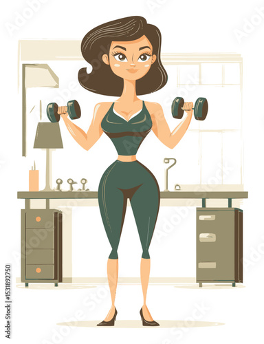 Female Cartoon Character Weightlifting in a Stylish Modern Room