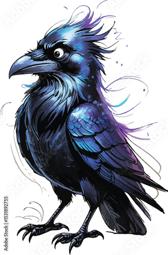 Intricate Illustration of a Majestic, Vibrant Raven, Black raven on white background
A detailed stylized illustration of a raven.
