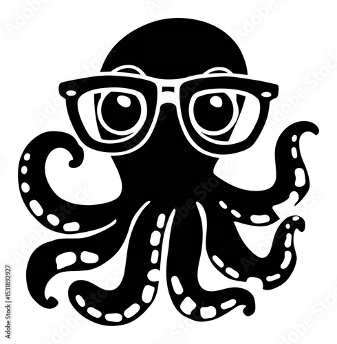 Playful Cartoon Silhouette of an Octopus Wearing Glasses Illustration