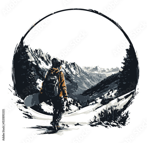 Adventurer Walking towards Mountain Landscape in Stylized Cartoon Design