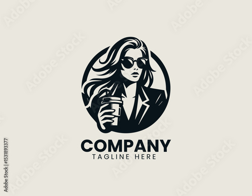 Contemporary Woman Long Hair Sipping Drink Cup Blazer Stylish Vector Logo Design