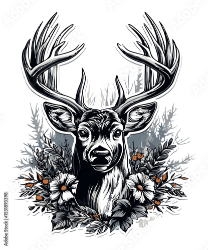 Detailed Cartoon Vector of a Deer Head Surrounded by Floral Elements
