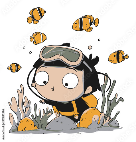 Cute Child Scuba Diver Exploring Underwater World with Colorful Fish