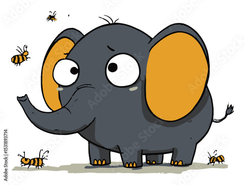 Cute Vector Cartoon Elephant Surrounded by Bees in a Playful Scene