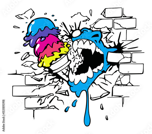 Blue Monster Breaking Wall with Colorful Ice Cream Illustration