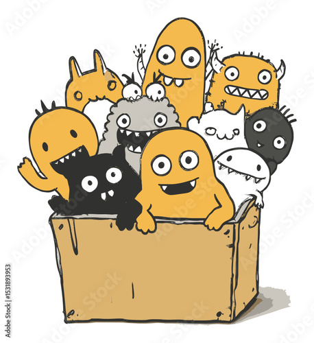 Colorful Cartoon Monsters in a Box with Happy Expressions and Fun Shapes
