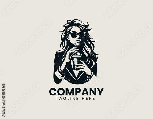 Contemporary Woman Long Hair Sipping Drink Cup Blazer Stylish Vector Logo Design