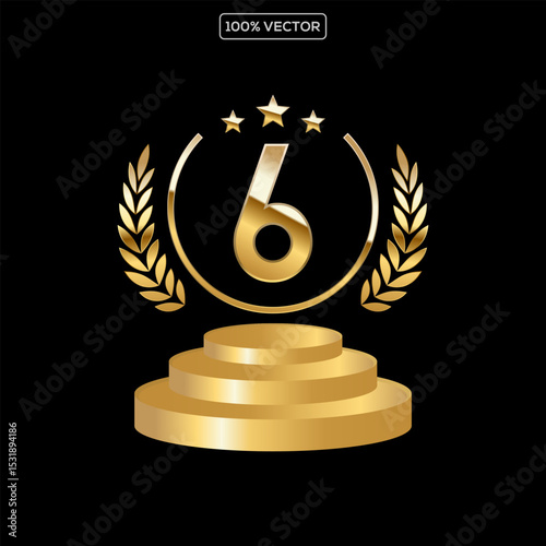 Golden Number Award on Podium Stage. Number Ranking 6. Vector Illustration