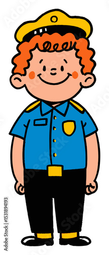 Cheerful Cartoon Police Officer with Orange Hair in Flat Vector Style