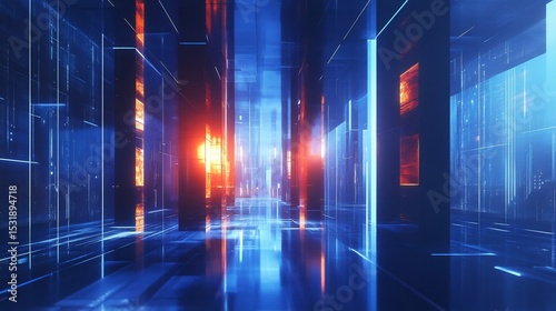 Digital concept space featuring abstract blue hues soft glowing walls and a futuristic atmosphere for a graphic design template