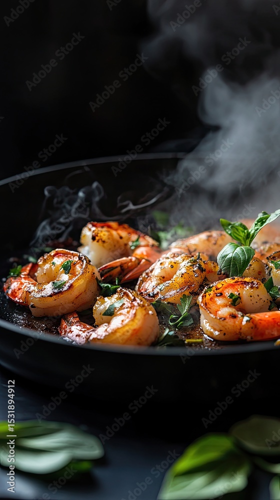 Fototapeta premium Grilled shrimp in a hot pan, steam rising