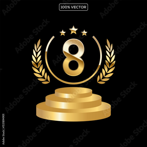Golden Number Award on Podium Stage. Number Ranking 8. Vector Illustration