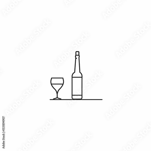 Line art of a wine glass and bottle on a table  