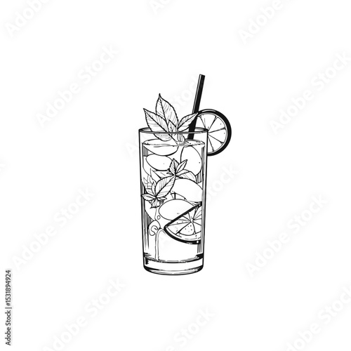Refreshing cocktail with mint and lime in a tall glass  