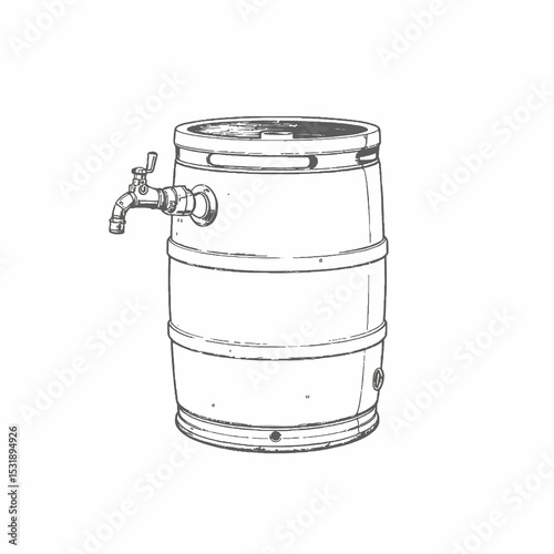 Wooden barrel with faucet in simple line art style  