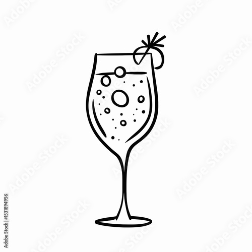 Outline of cocktail glass with bubbles and garnish  