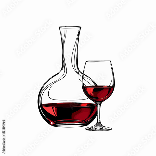 Glass of red wine next to a decanter on a white background  