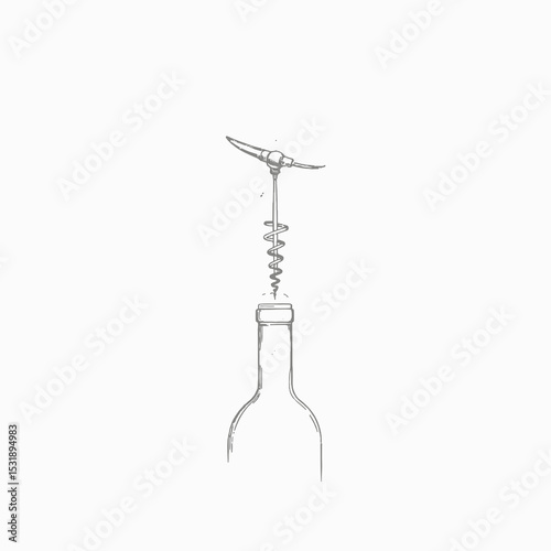 Corkscrew pulling cork from wine bottle in minimalist style  