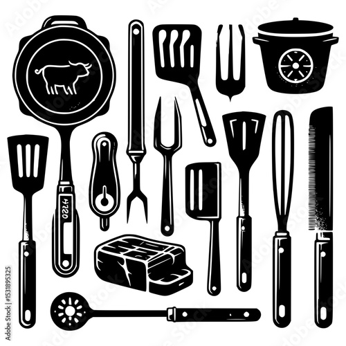 Vintage black and white grill utensil collection