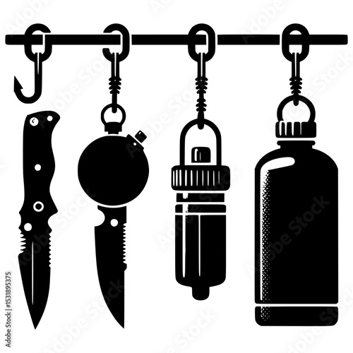 Essential camping gear hanging illustration