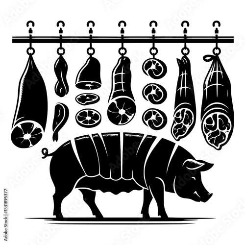 Butchery pig cuts diagram hanging meats
